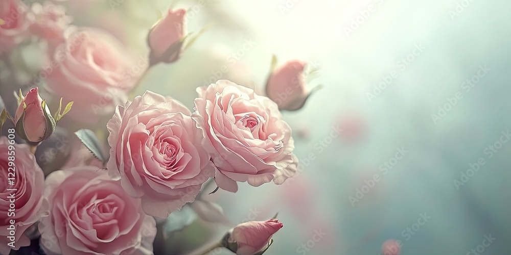 Fototapeta premium Pastel Roses and Tiny Flowers Delicate Floral Border for Wedding Invitation Design