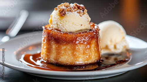 Pear and pecan upside-down cake glistening with caramelized sugars, paired with a side of vanilla bean ice cream on a ceramic dish