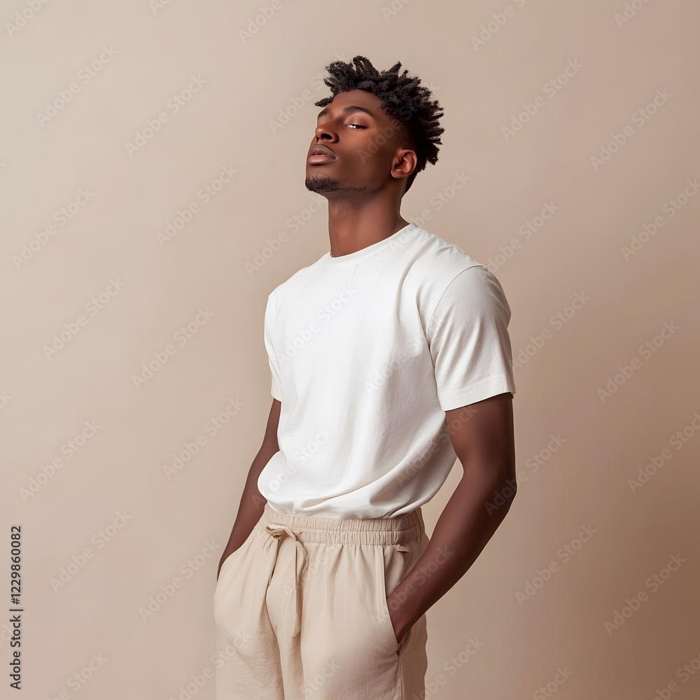 Fototapeta premium Stylish Young Man in White Shirt and Light Pants Against Neutral Background