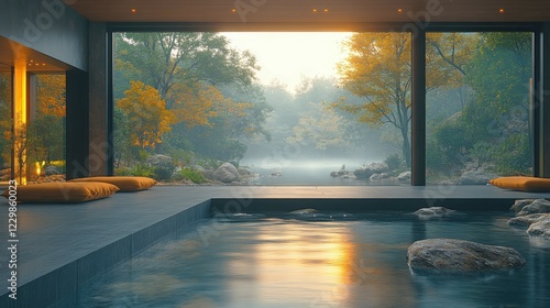 Minimalist cabin interior with a tranquil riverside view bathed in soft evening light