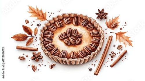Pecan pie with decorative crust, surrounded by autumn leaves and cinnamon sticks, watercolor illustration, isolated on white background