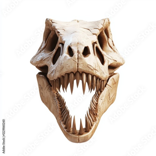 Fototapeta Naklejka Na Ścianę i Meble -  fossilized dinosaur skull with sharp teeth, centered on a clean white background