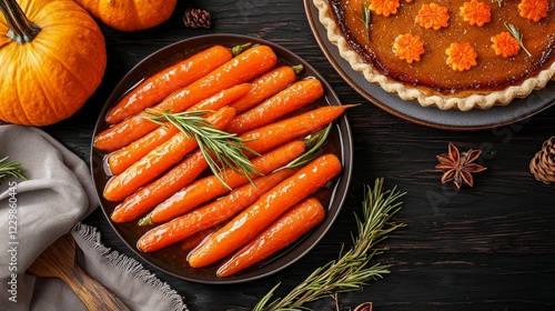 Plate of sweet honey-butter glazed carrots with subtle hints of orange zest, placed next to pumpkin pie and Thanksgiving sides