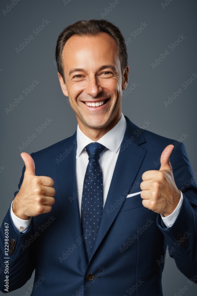 smiling man in a blue suit and tie giving a thumbs up smiling man in a blue suit and tie giving a thumbs up