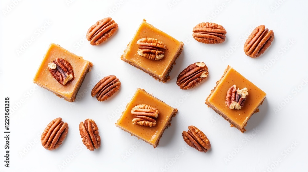 Pumpkin cheesecake bars with pecan topping, cozy and warm vibe, flat lay style, detailed texture, isolated on white background Pumpkin cheesecake bars with pecan topping, cozy and warm vibe, flat lay style, detailed texture, isolated on white background