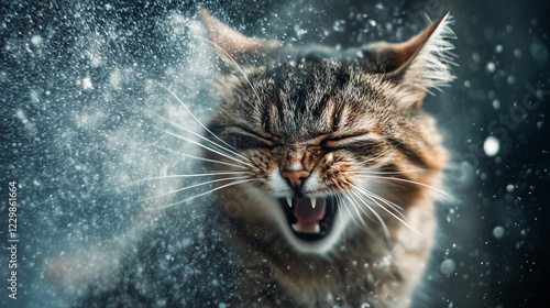 Furious cat in dramatic close-up, growling and surrounded by dynamic snow or water spray, intense expression captured