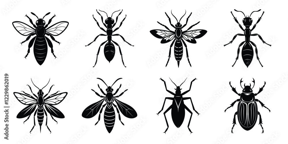 Insects silhouettes set. Vector illustrations poisonous insects isolated on white background Insects silhouettes set. Vector illustrations poisonous insects isolated on white background