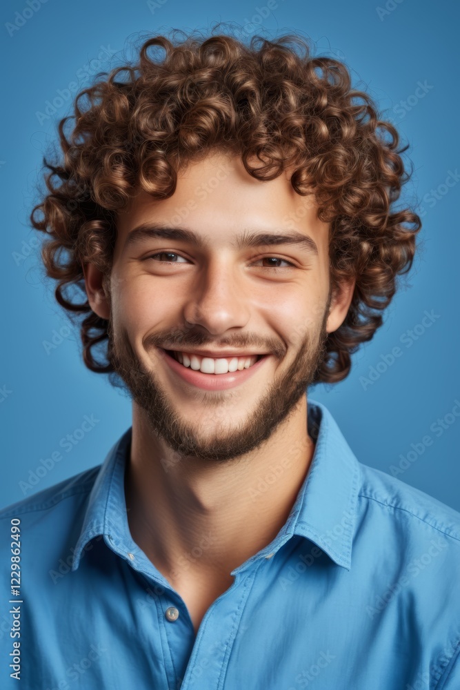 smiling man with curly hair and beard wearing blue shirt smiling man with curly hair and beard wearing blue shirt