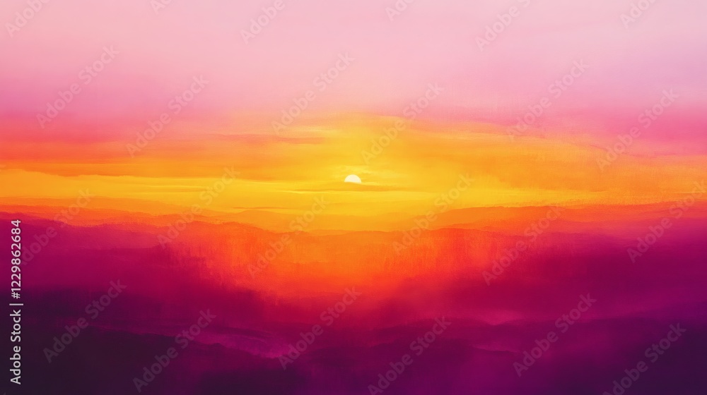 Vibrant sunset over mountains, painted in warm and cool colors. Vibrant sunset over mountains, painted in warm and cool colors.