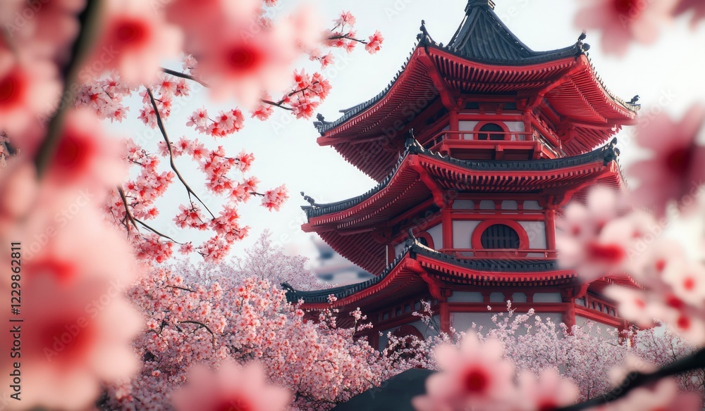 Naklejka premium Red Pagoda Amidst Blooming Cherry Blossoms