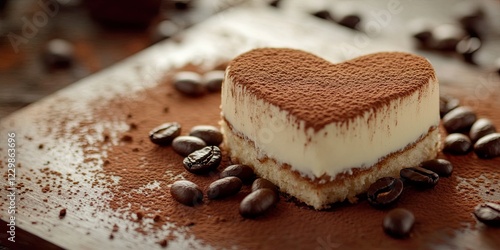 Delicious Heart Shaped Tiramisu Cake Cocoa Dusted Dessert Romantic Treat Valentines Day Sweet Indulgence photo