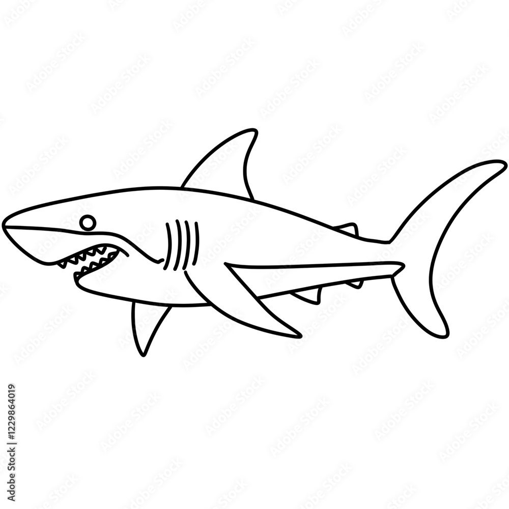 Fototapeta premium shark illustration. Coloring book page for adult. Underwater seabed with algae and corals, line art design and fish.