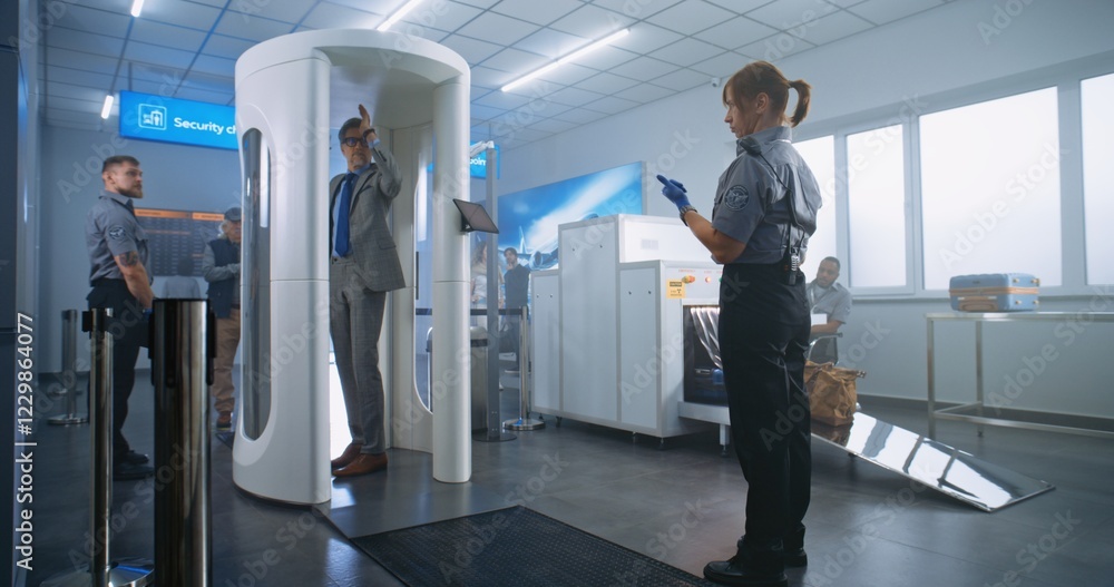 Airport Terminal Checkpoint: Diverse People Walking Through Metal Detector Gates, Taking Luggage from Conveyor Belt. Security Officers Control Scanning of Passengers. Group of Tourists Going on Trips. Airport Terminal Checkpoint: Diverse People Walking Through Metal Detector Gates, Taking Luggage from Conveyor Belt. Security Officers Control Scanning of Passengers. Group of Tourists Going on Trips.