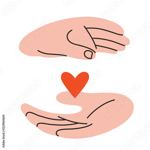 Hands gestures, two palms carefully hold the heart between themselves. Gesturing human arms. Trendy modern vector illustration isolated on white background, hand drawn, flat design