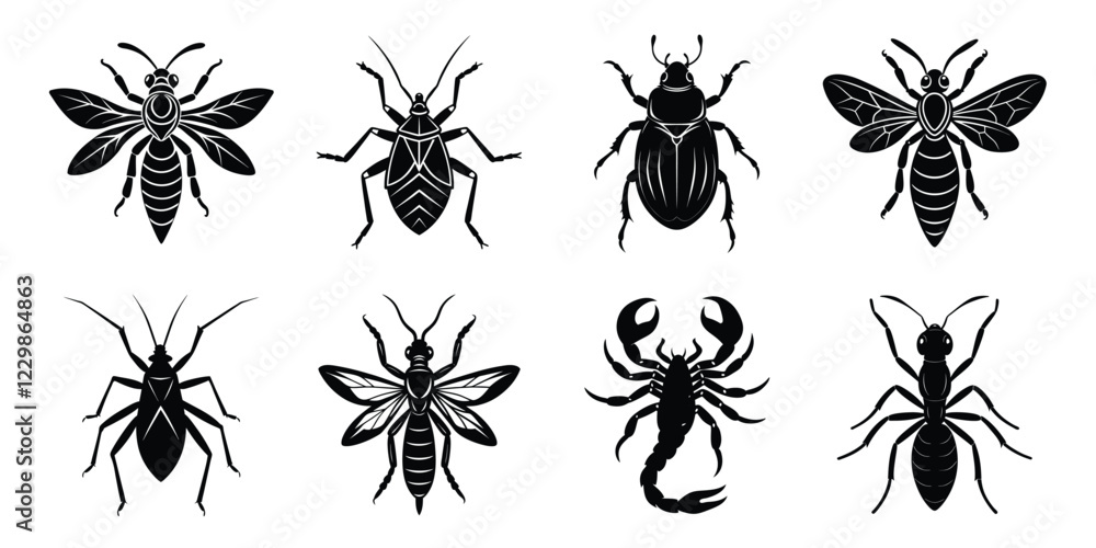 Insects silhouettes set. Vector illustrations poisonous insects isolated on white background Insects silhouettes set. Vector illustrations poisonous insects isolated on white background