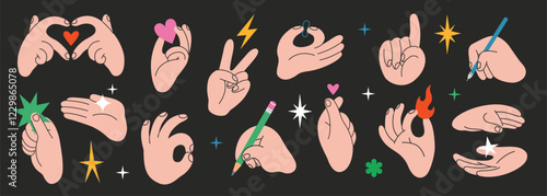 Hands gestures set. Gesturing human arms holding Heart, fire and star, showing peace and OK sign, writes with pen or pencil. Trendy modern vector illustration on black, hand drawn, flat design