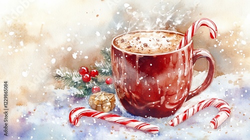 Watercolor Christmas Still Life with Red Mug Hot Chocolate and Candy Canes on Snowy Background