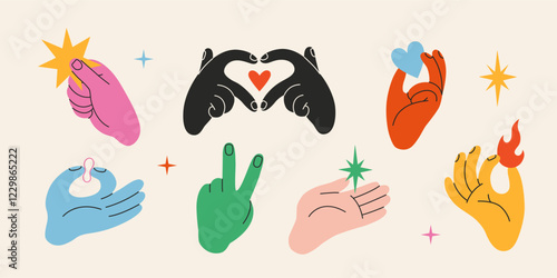 Colorful Hands gestures set. Gesturing human arms making Heart shape, holding fire and star, showing peace sign. Trendy modern vector isolated illustration, hand drawn, flat design