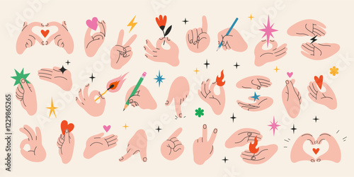 Hands gestures big set. Gesturing human arms holding fire and star, making Heart shape, showing peace and OK sign, writes with pen or pencil. Trendy modern isolated vector illustration, flat design