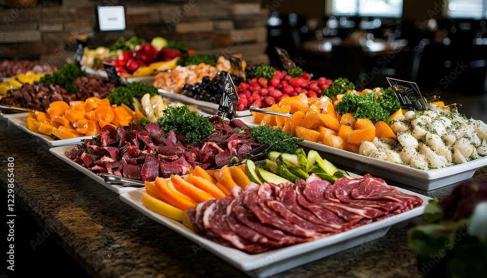 catering buffet in a restaurant, highlighting a diverse selection of meats, vibrant fruits, and assorted vegetables, creating a feast for the eyes catering buffet in a restaurant, highlighting a diverse selection of meats, vibrant fruits, and assorted vegetables, creating a feast for the eyes