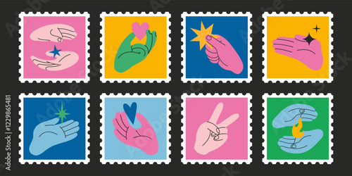 Bright Set of cute hand-drawn post stamps with Hands gestures. Gesturing human arms showing peace sign, hold Heart, star and fire. Trendy modern vector illustarations, flat design