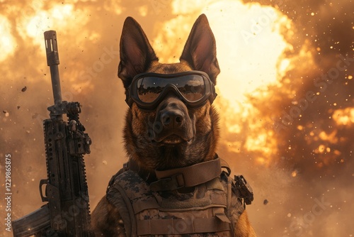 Dogs soldier.Military dogs.Army dogs.A brave Belgian Malinois in full military gear, wearing a tactical vest, helmet, and goggles, standing alert in a dusty battlefield with a rifle photo