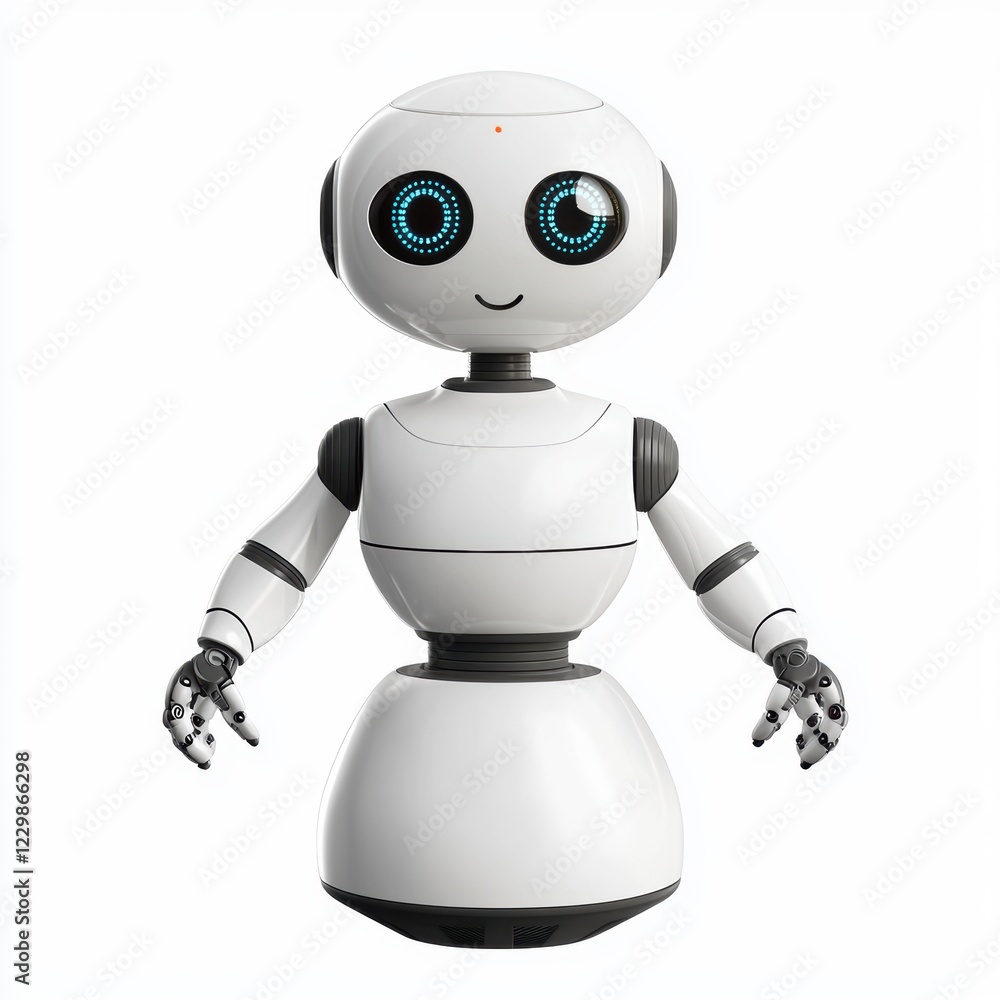 helper robot with a round head, white finish, and LED indicators on its arms, designed in a futuristic style, isolated on a bright white background helper robot with a round head, white finish, and LED indicators on its arms, designed in a futuristic style, isolated on a bright white background