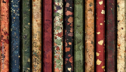 Vertical rows of weathered painted bars display colorful decay