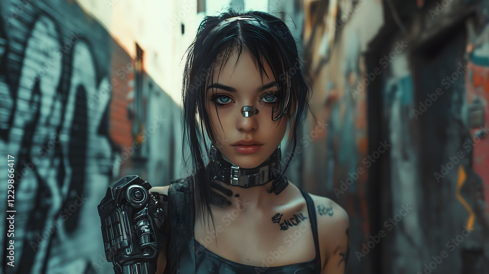 Naklejka premium Portrait of a Cyberpunk Girl With Cybernetic Enhancements in a Gritty Urban Alleyway at Dusk. Generative AI