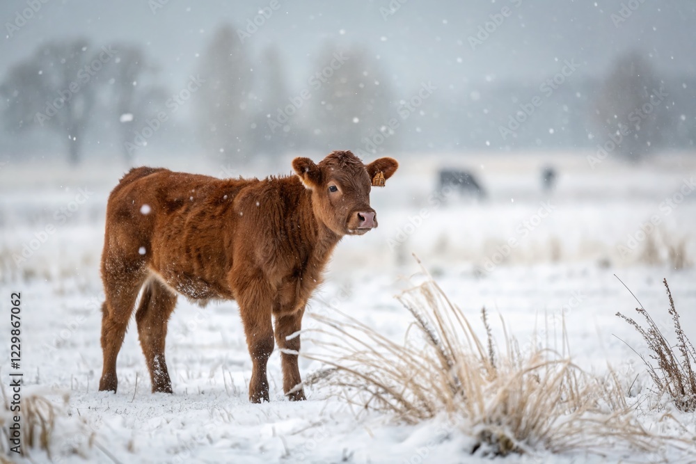 Adorable Red Angus Shorthorn Calf in Snowy Winter Landscape Adorable Red Angus Shorthorn Calf in Snowy Winter Landscape