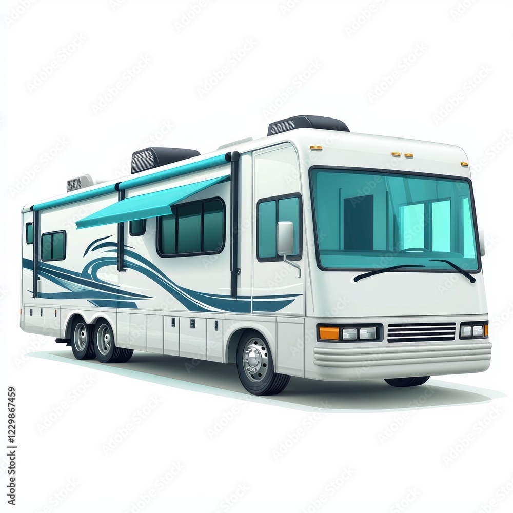 Naklejka premium large motorhome with extended awnings and windows, isolated on a bright white background