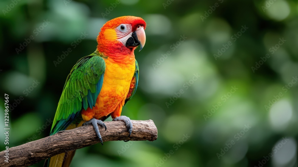 A colorful parrot is perched on a branch in a lush green forest A colorful parrot is perched on a branch in a lush green forest