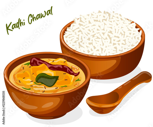 Pakora Kadhi & Rice Served in Earthen Bowls with Spoon. Authentic Indian Gujarati Cuisine Illustration