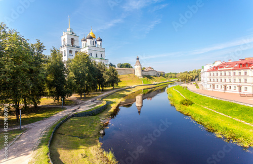 Pskov Kremlin and the embankment of the Pskova river in Pskov, Russia photo