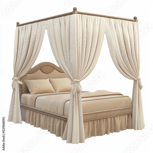 luxurious canopy bed with white draped curtains and soft beige bedding, placed on a clean white background
