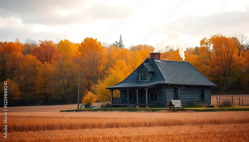Autumnal Log Cabin in Golden Field and Woods Autumnal Log Cabin in Golden Field and Woods