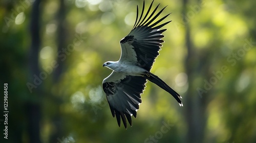 Majestic Swallow-tailed Kite Soaring Through a Sun-Dappled Forest Landscape photo