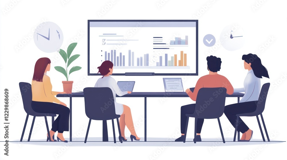 Business team analyzing data on a large screen during a meeting. Business team analyzing data on a large screen during a meeting.