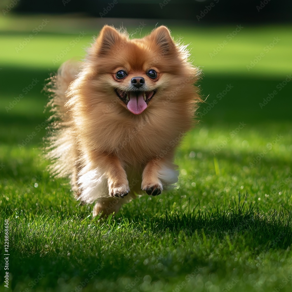 Pomeranian dog running across a vibrant green lawn, captured in full-length on a bright summer day, emphasizing its fluffy fur and energetic charm Pomeranian dog running across a vibrant green lawn, captured in full-length on a bright summer day, emphasizing its fluffy fur and energetic charm