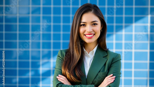 Professional woman, confident smile, green blazer, white blouse, long brown hair, office setting, blue tiled background, corporate portrait, business attire, friendly expression, arms crossed, headsho photo