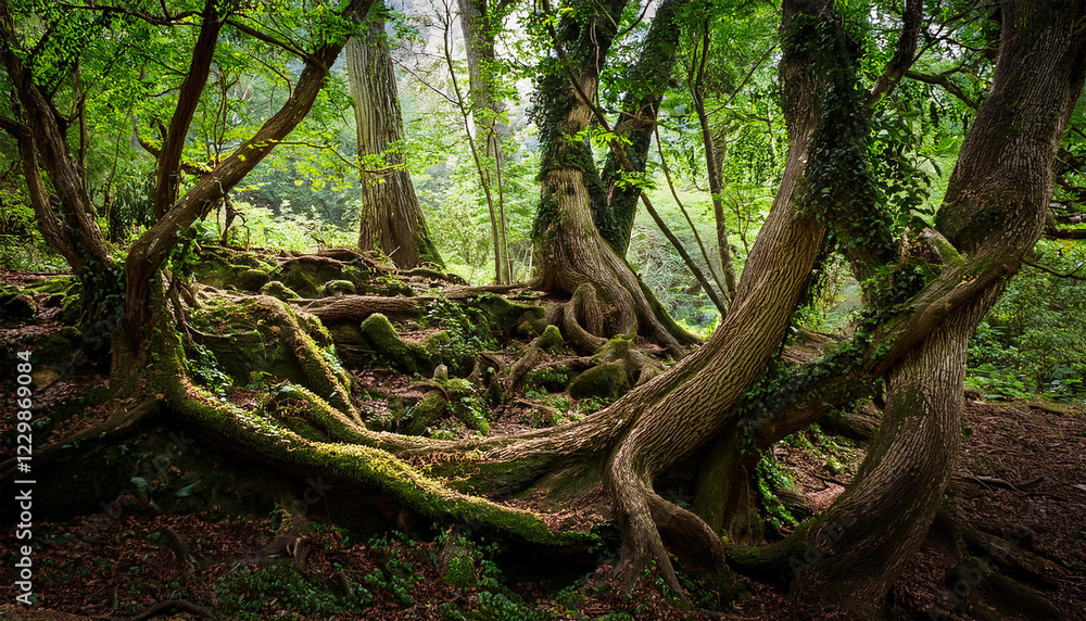 twisted tree roots overgrown with vines and moss forest floor dense foliage twisted tree roots overgrown with vines and moss forest floor dense foliage