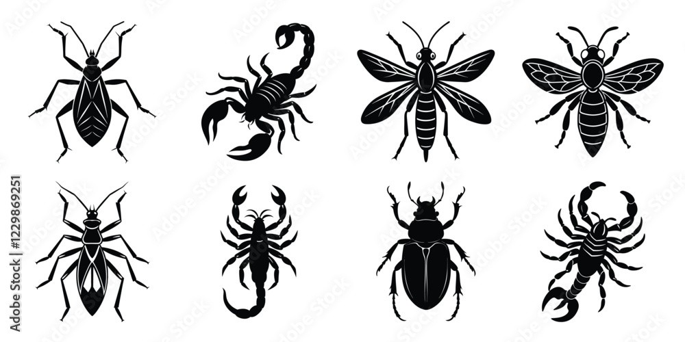 Insects silhouettes set. Vector illustrations poisonous insects isolated on white background Insects silhouettes set. Vector illustrations poisonous insects isolated on white background