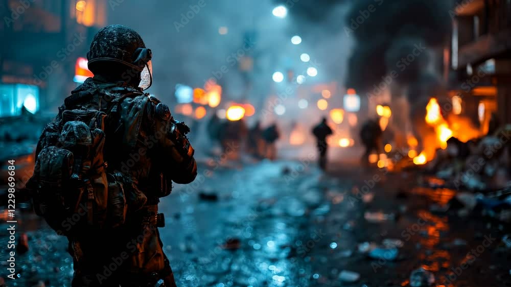 A soldier stands resilient in the heart of urban chaos, surrounded by fire, dismay, and the aftermath of conflict A soldier stands resilient in the heart of urban chaos, surrounded by fire, dismay, and the aftermath of conflict