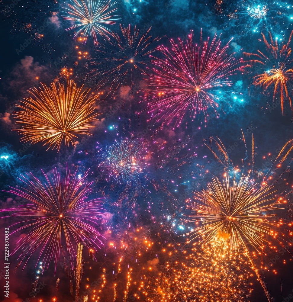 Fototapeta premium Spectacular Colorful Fireworks Bursting in Night Sky Displaying Vibrant Shades of Blue, Pink, Gold, and Purple for Celebrations and Festive Events