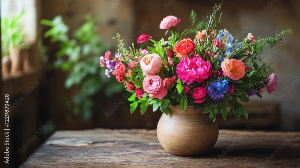 A rustic vase filled with vibrant Valentine flowers and greenery on a wooden table A rustic vase filled with vibrant Valentine flowers and greenery on a wooden table