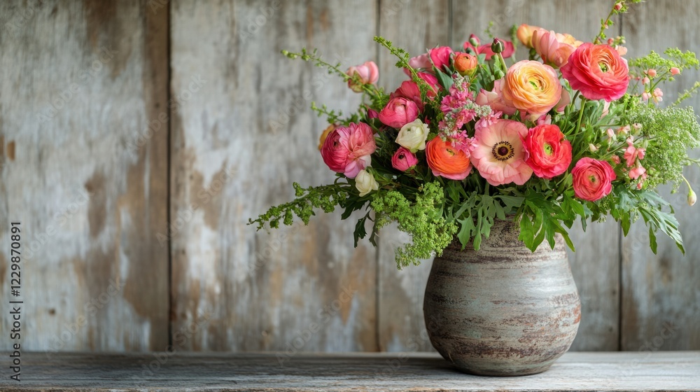 Fototapeta premium A rustic vase filled with vibrant Valentine flowers and greenery on a wooden table