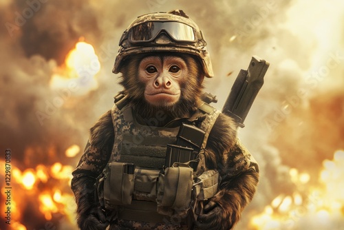 A courageous capuchin monkey in military gear, wearing a camouflage jacket, helmet, and tactical vest, standing confidently on a battlefield with a rifle.Monkeys soldier.Military monkeys. photo