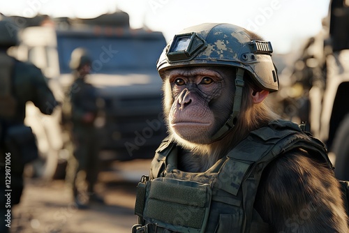 A vigilant rhesus macaque monkey in military fatigues, wearing a helmet and tactical vest, standing guard at a military checkpoint.Army monkeys.Monkeys soldier.Military monkeys. photo