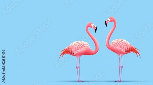Two pink flamingos facing each other on a light blue background.