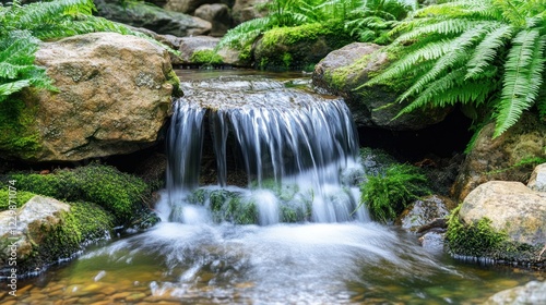 Serene waterfall flowing over moss-covered rocks in lush garden